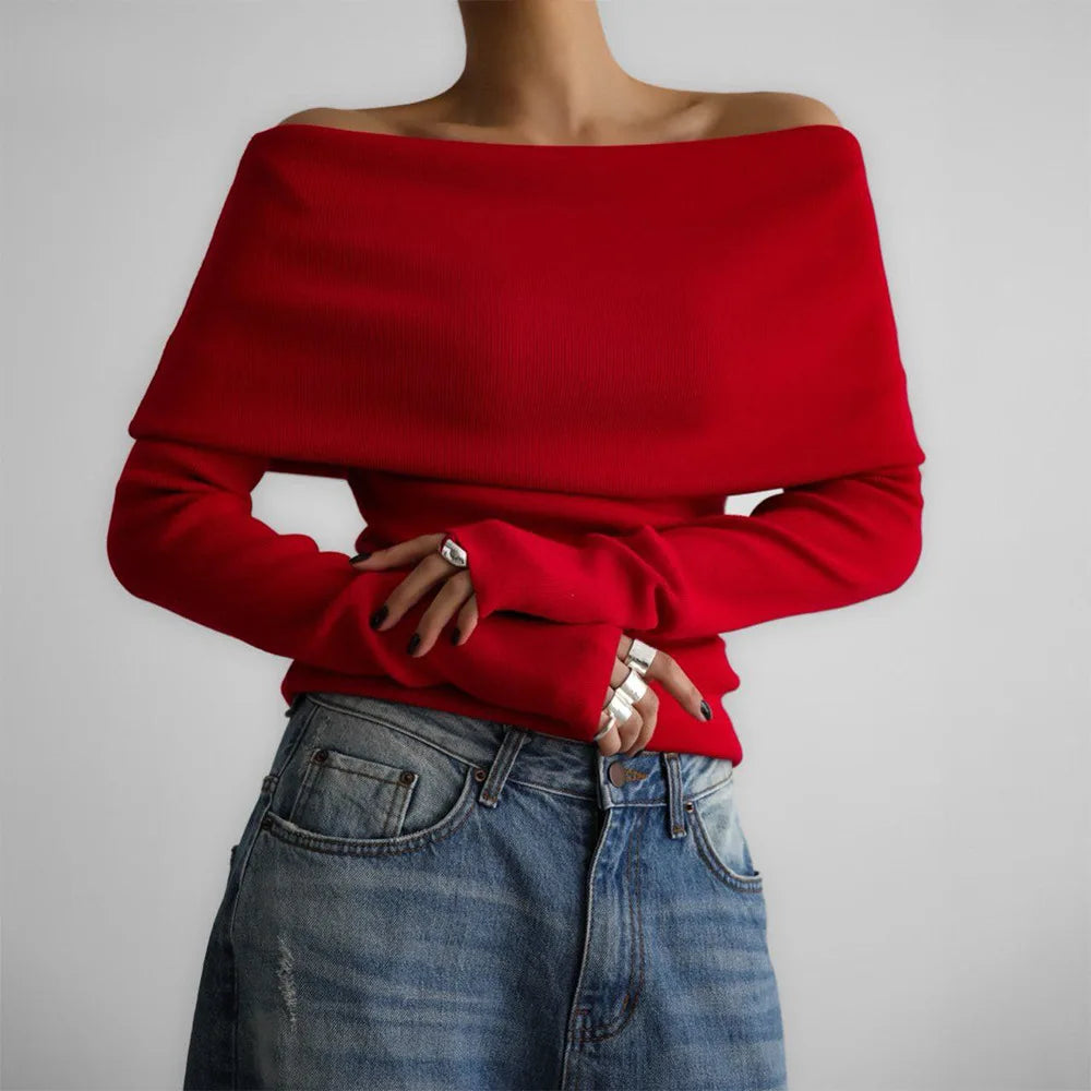 Sweater Women's Autumn and Winter Style Long Sleeved Knitted Base Shirt, One Shoulder Sexy Slim Fit Off Shoulder Top