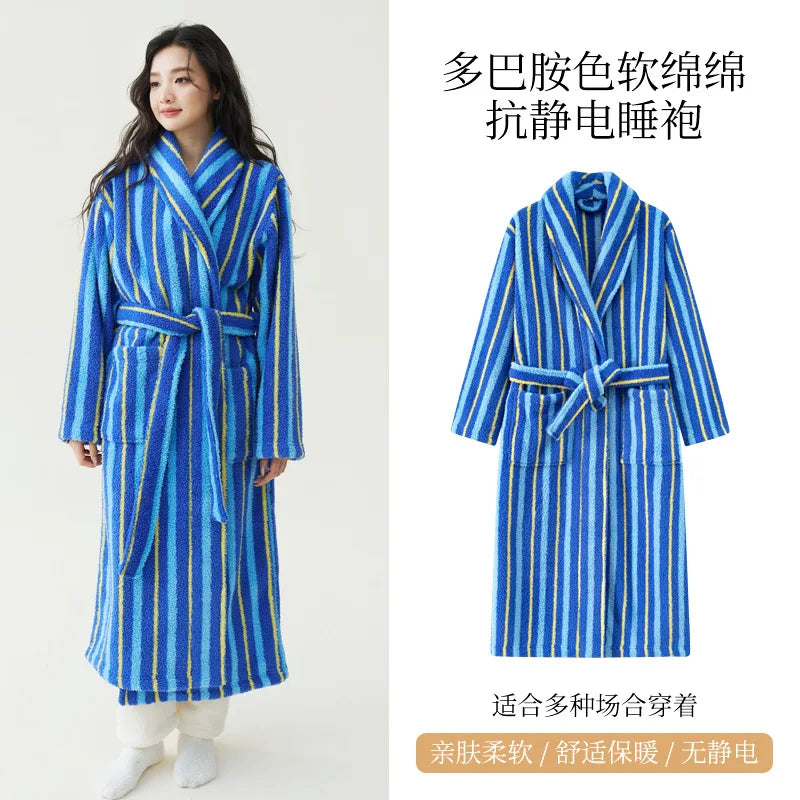 2025 New Autumn/Winter Women's Sleepwear Thick Velvet Warm Robe Couple Coral Velvet Striped Lengthed Home Clothes Bathrobe