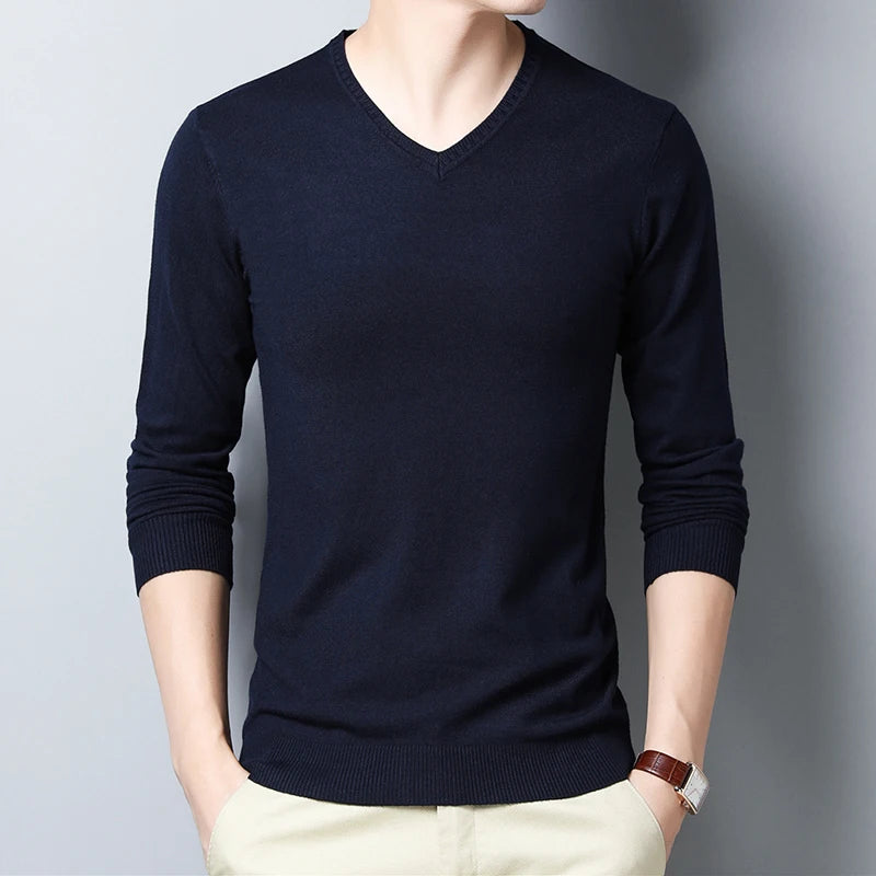 Sweater men's solid color sweater V-neck sweater thin design spring and autumn winter knitted base sweater
