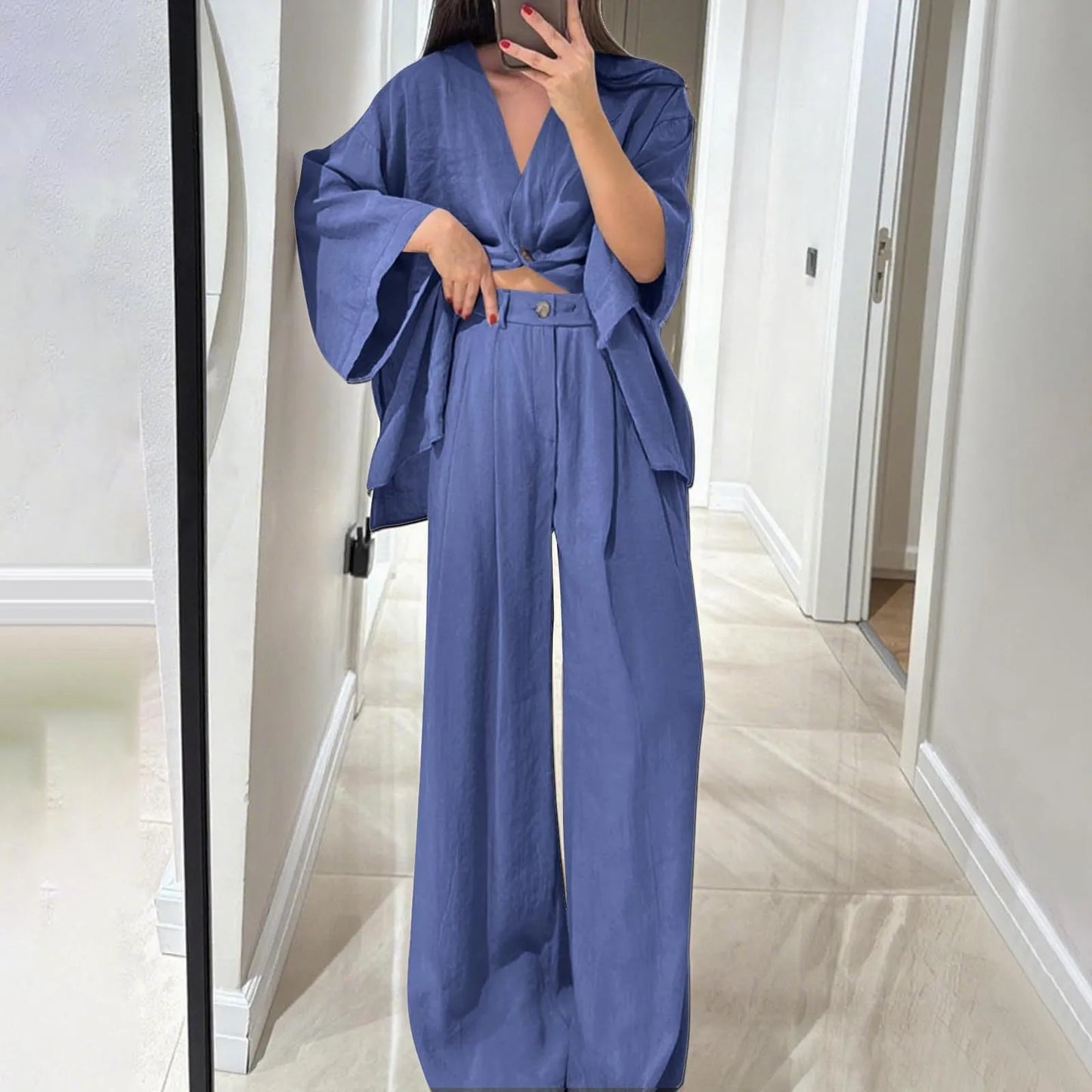 Two Piece Outfits For Women V Neck Button Down Shirt Top And Wide Leg Pants Set Loose Sweatsuits Conjunto Dos Piezas Mujer