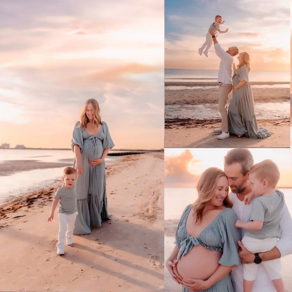 Maternity Photography Dresses Soft Cotton-Like Dress V-neck Tie Up Top A-line Skirt Two-Piece Set Clothes For Pregnant W