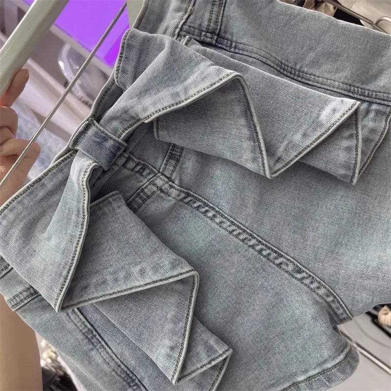 Cute Bow Splicing Denim Shorts for Women Summer High Waist Jeans Hip-lifting Hot Pants Booty Shorts