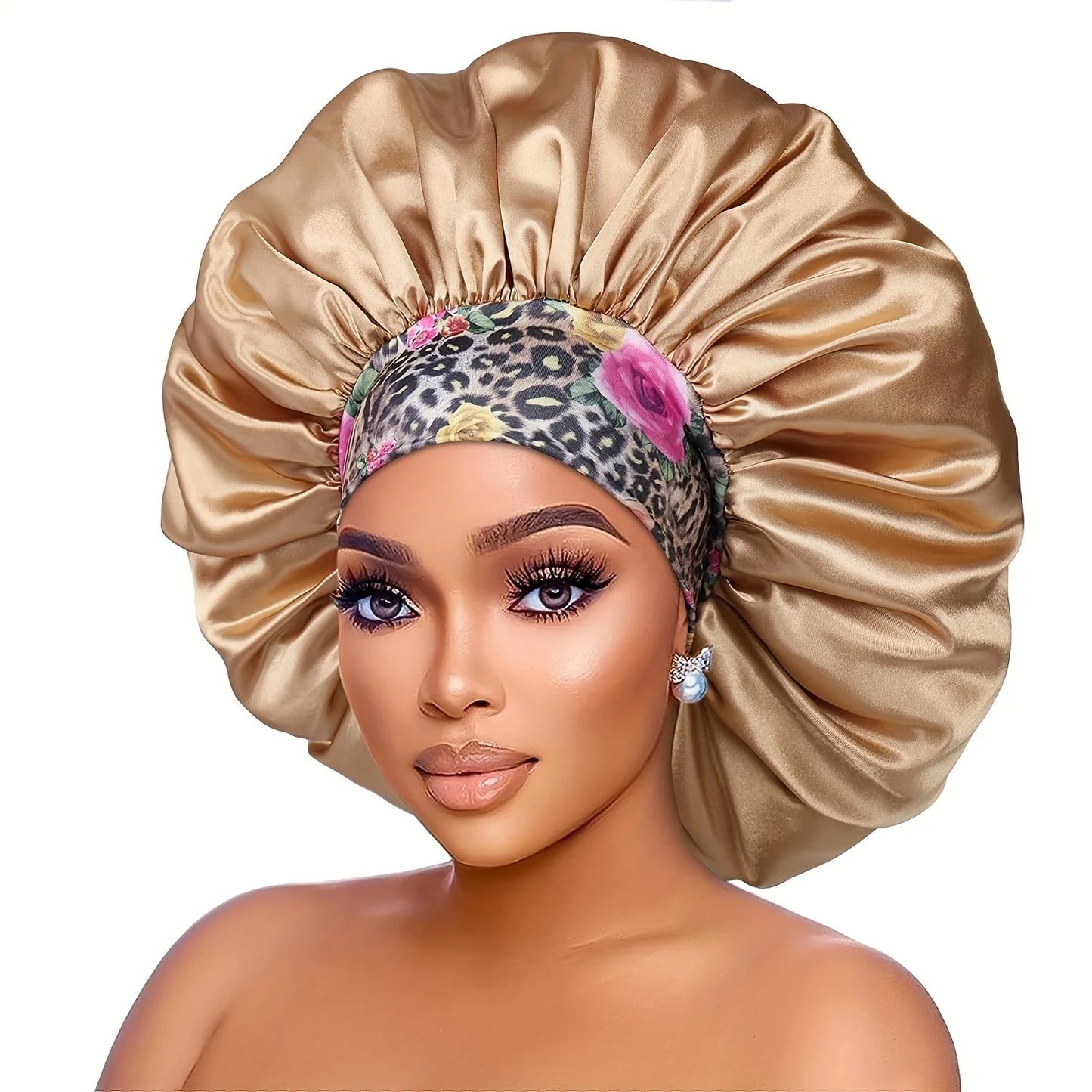 Women's Fashion Bonnet Flower Printed Hair Hat with Wide Edge Elastic Silk Smooth Satin Face for Daily Home Sleep Hat