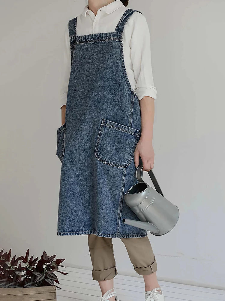 Korean Lady Dress Denim Apron For Woman Cotton Fabric Garden Kitchen Baking Cooking Aprons Household Cleaning Accessories