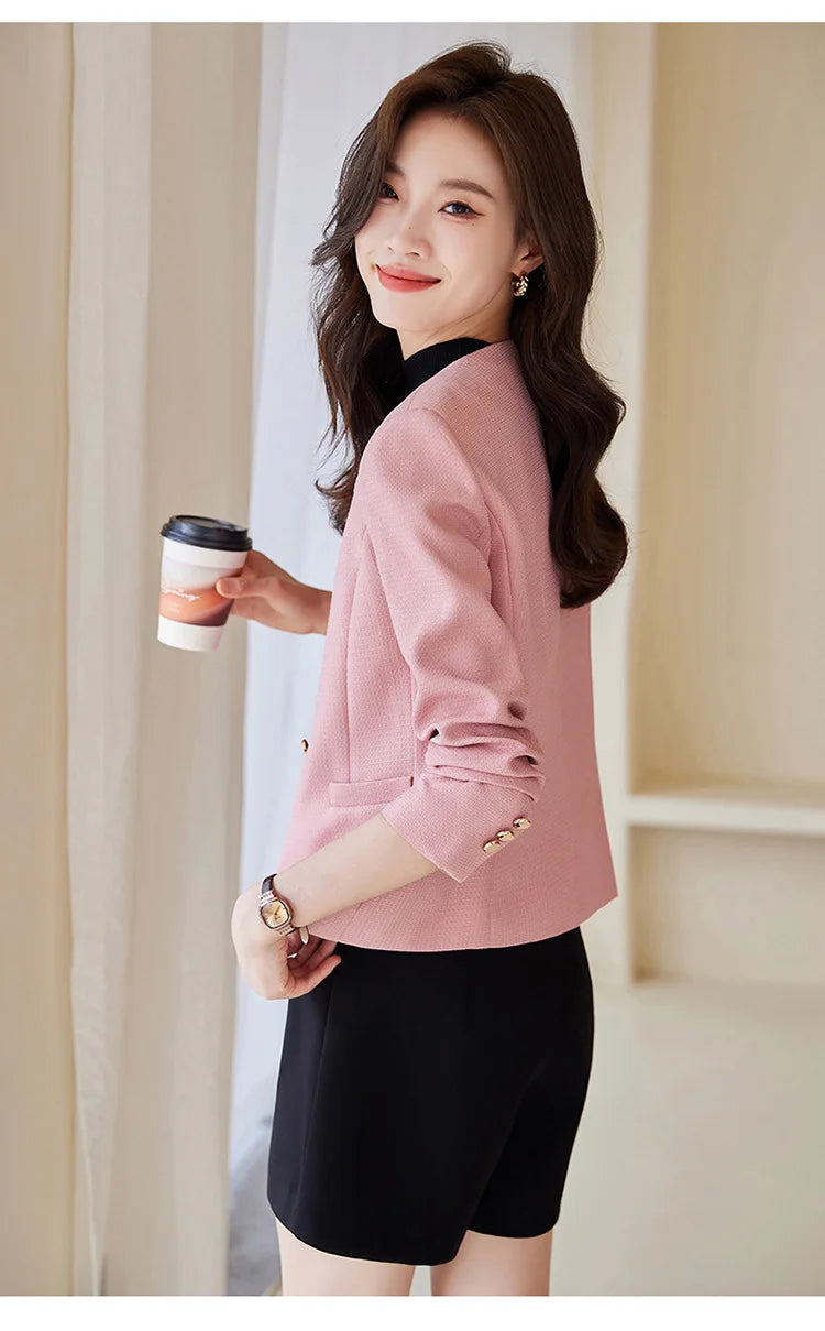High quality blazer for women short jacket single breasted O neck spring autumn elegant office clothes pink yellow blue white