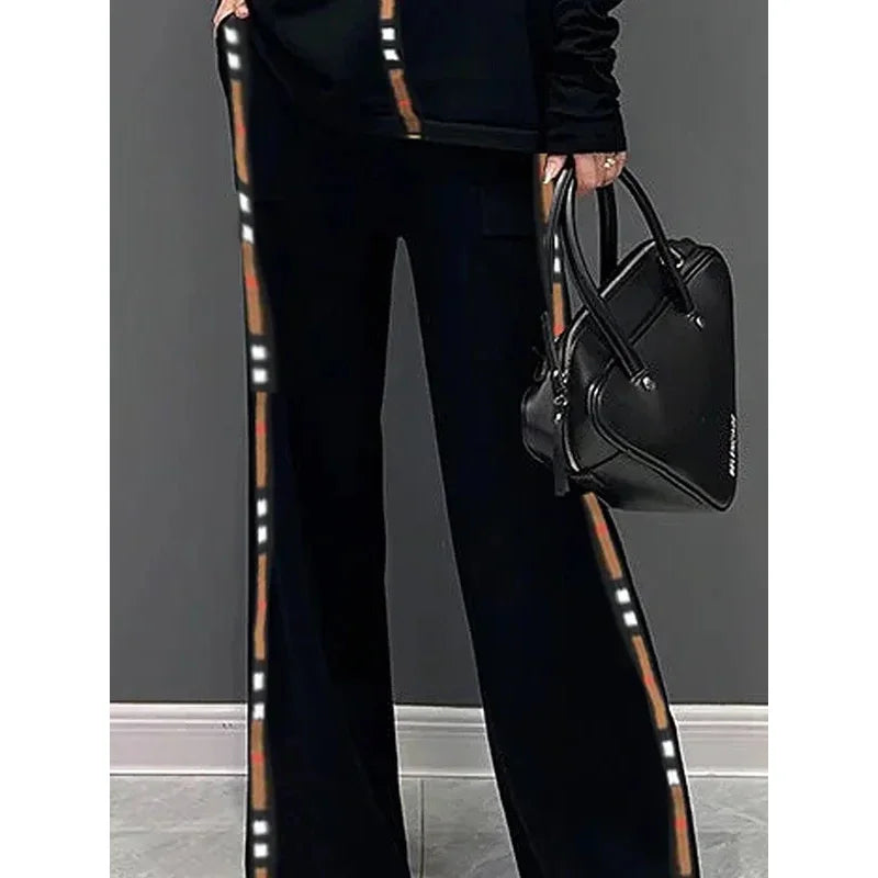 2025 Trousers Sets Women's Two Pieces Set New Spring Elegant Contrast Color High Neck Long Sleeves Wide Leg Pants Suit