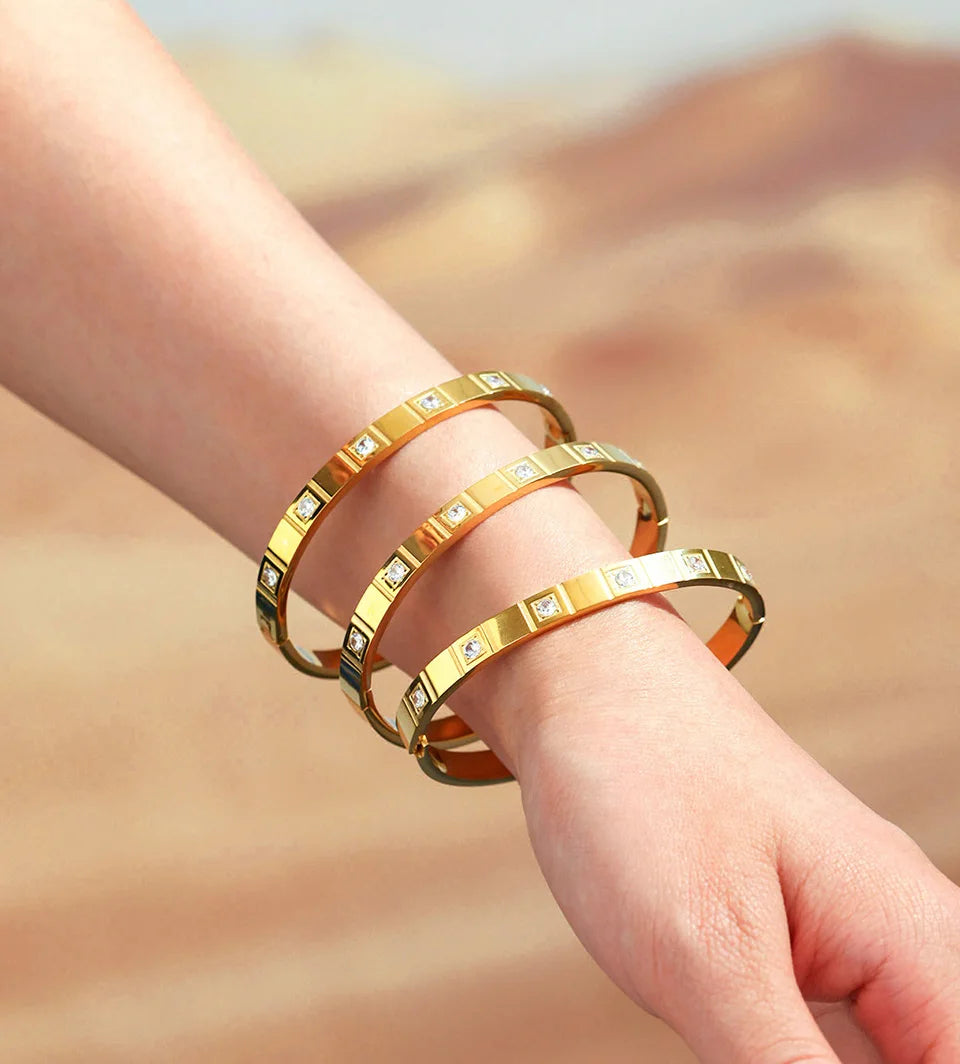 Stainless Steel Bracelet Bangle For Women Men 18k Gold Plated Inlaid Shiny Zircon Openable Unisex Bracelets Bangles Couples Gift