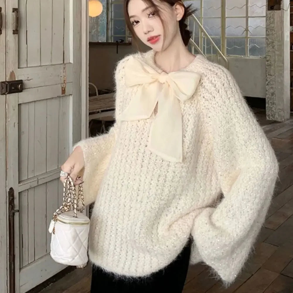 Sweater Women Sweet Bow Round Neck Casual Knitted Sweaters Korean Fashion Gentle Solid Color Casual Long Sleeve Top