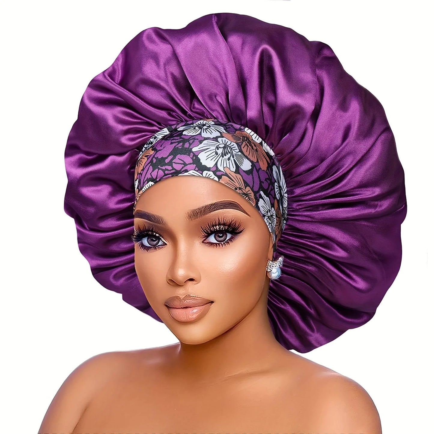 Women's Fashion Bonnet Flower Printed Hair Hat with Wide Edge Elastic Silk Smooth Satin Face for Daily Home Sleep Hat