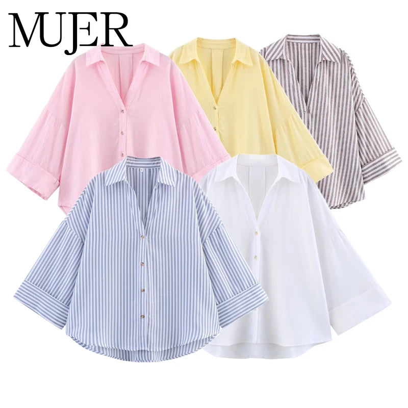 MUJER Women's Shirts Striped Oversize Shirts for Women Wide Sleeve Casual Shirts and Blouses Woman White Summer Loose Tops Woman