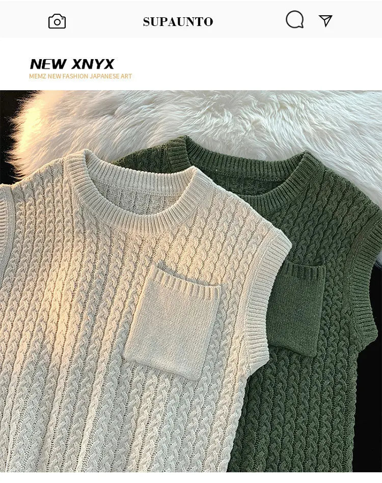 Sweater Vest Men Winter Students Knitwear Harajuku Round Neck Pockets Handsome Casual Streetwear Unisex Preppy Stylish Ins