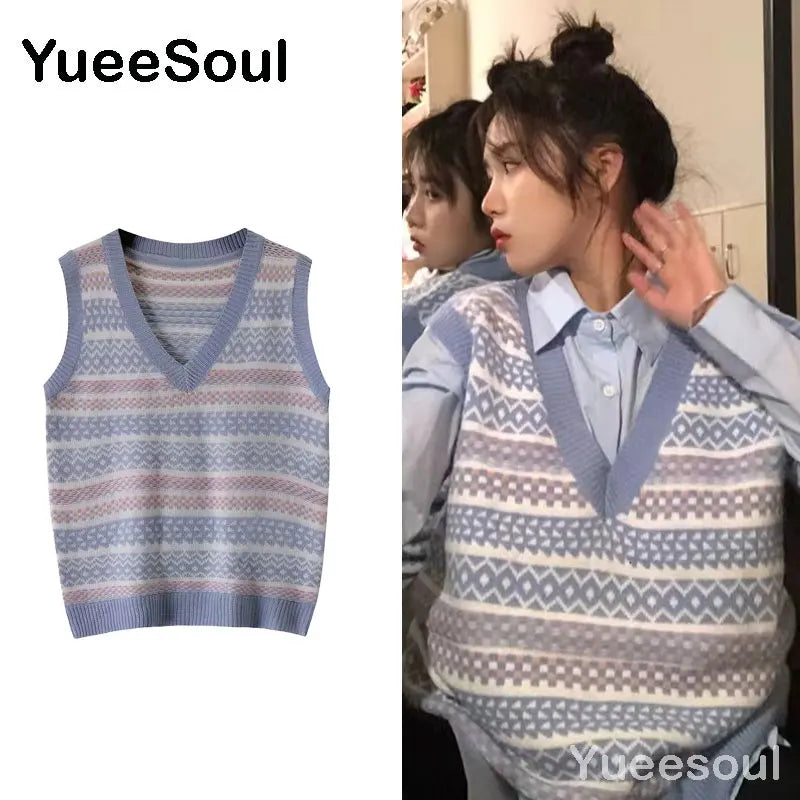 Sweet Kawaii Sweater Vest Printed Sleeveless Casual Outerwear Knitted Waistcoat 2023 Vintage Y2K Spring  E Girl Pullovers Tops