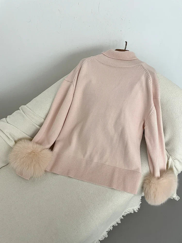 Sweater Women 2024 Autumn Winter Fashionable Sweaters with Real Fox Fur Sleeves Slim Fit Sweaters Fur Knitwear England Style