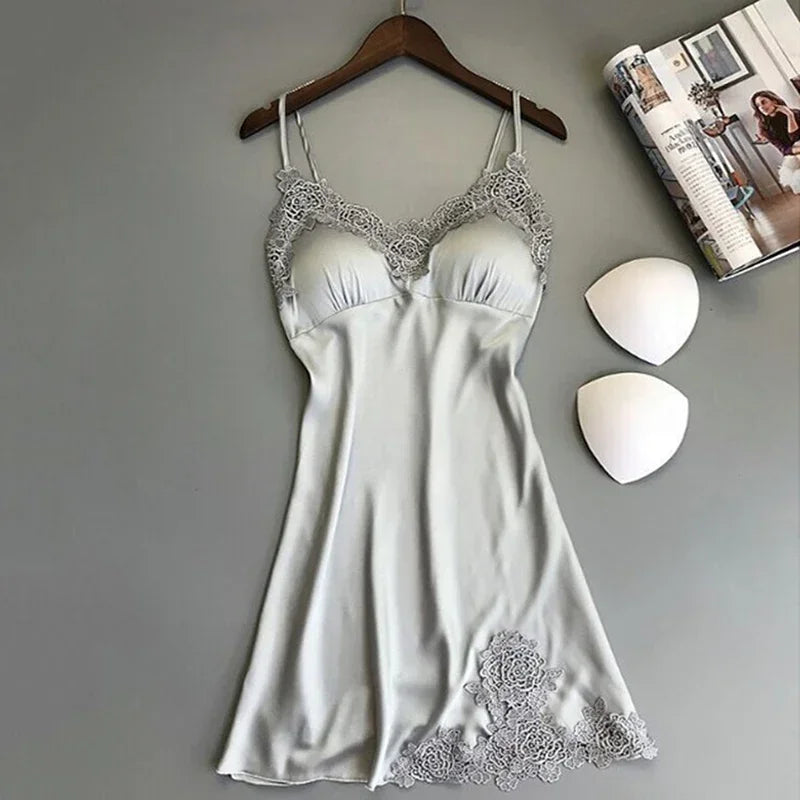 Ladies Sexy Silk Satin Night Dress Sleeveless Nighties V-neck Nightgown Nightdress Lace Sleepwear Nightwear for Women Sleep Tops