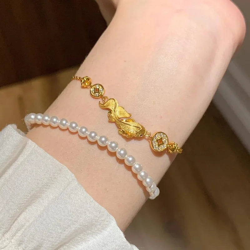Vintage antique gold craftsm brushed luxury fish koi necklace bracelet diamond inlay exquisite high-quality jewelry sets