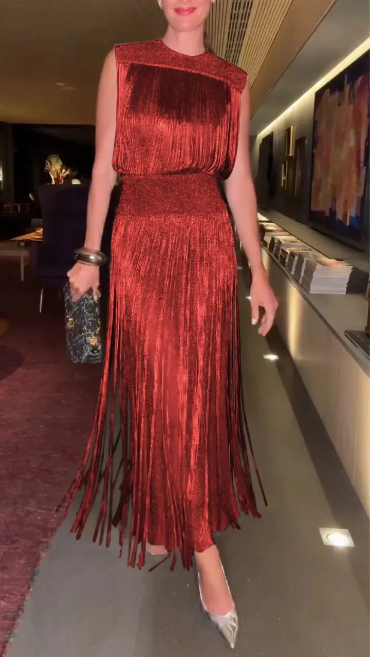 Two Piece Sets Fashion Sequin Fringed Dress for Women Streetwear Glitter Sleeveless Party Gown Elegant O-neck Long Dresses