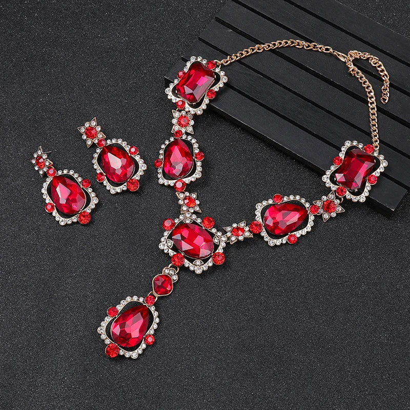 Wedding Jewelry Set Wholesale Big Beautiful Crystal Drop Earrings and Emerald Green Rhinestone Statement Necklace for Women