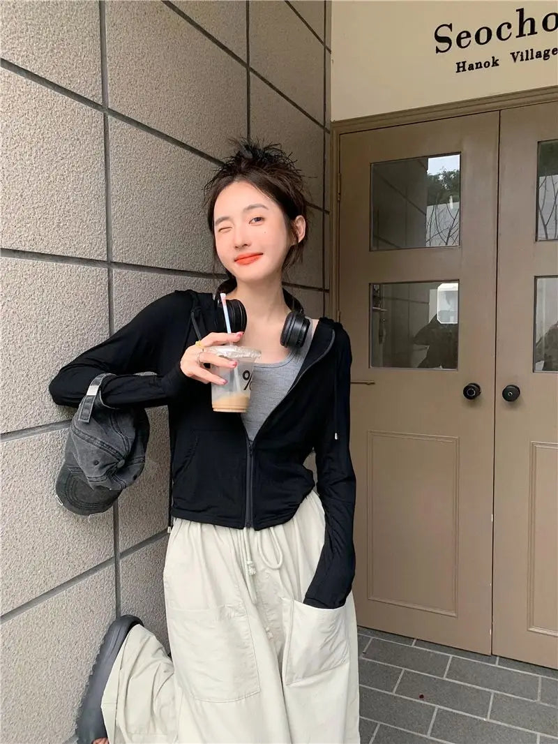 Hooded Jackets Women Thin Sunscreen Solid Fashion Summer Long Sleeve Cropped Coats All-match College Breathable Sporty Popular