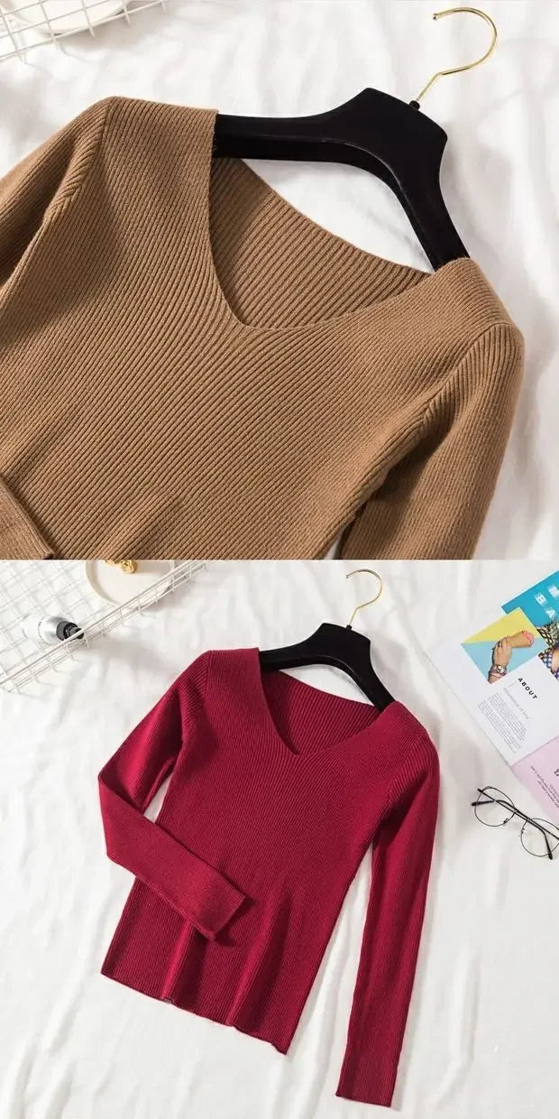 Women Sweater 2026 New Autumn Winter Long Sleeve Pullover Basic Top Fashion V-neck Elastic Female Winter Solid Knitted Jumper
