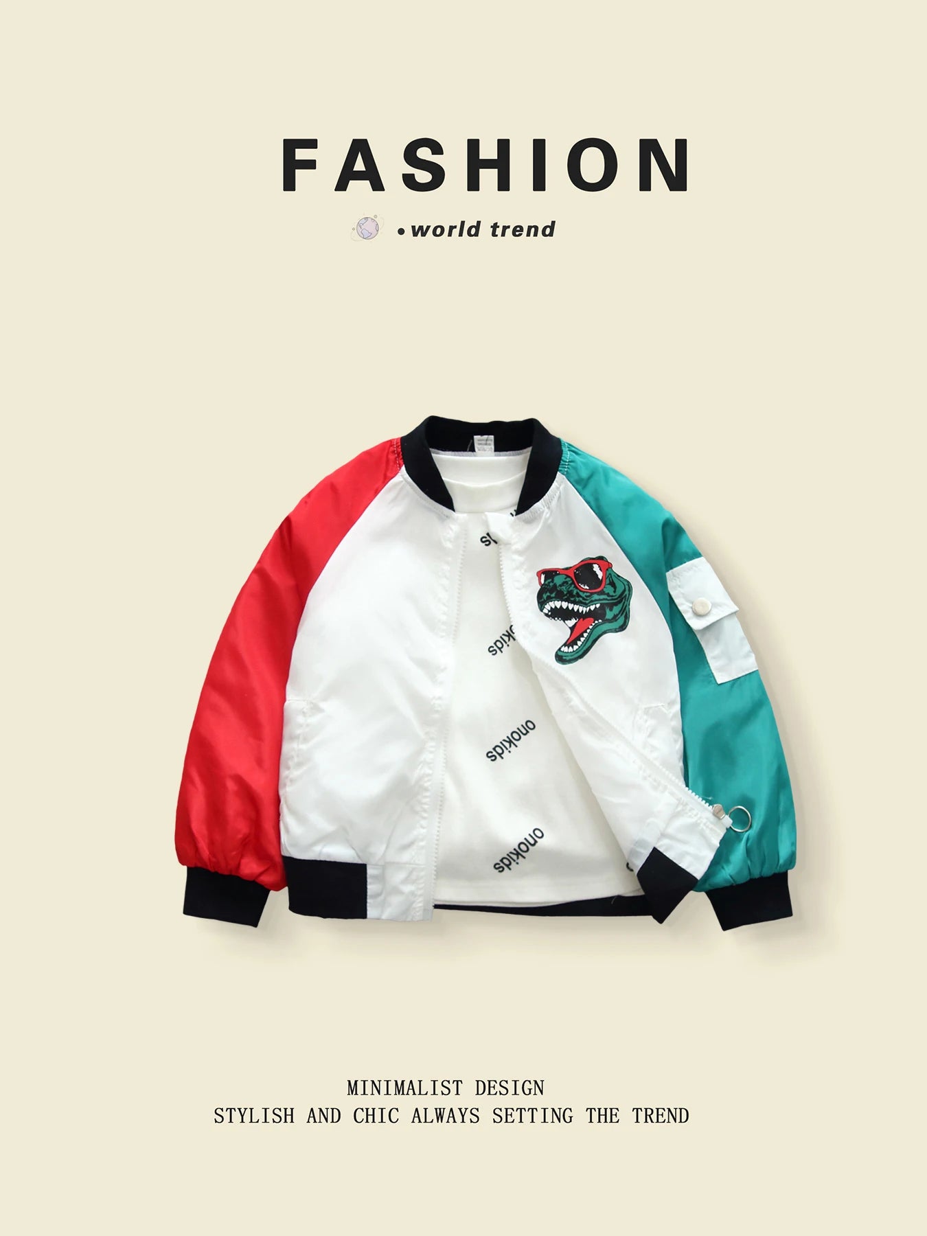 Spring - Autumn Outerwear: Fashionable Color - Blocked Dinosaur - Themed Windbreakers for Boys 3 - 10 Y