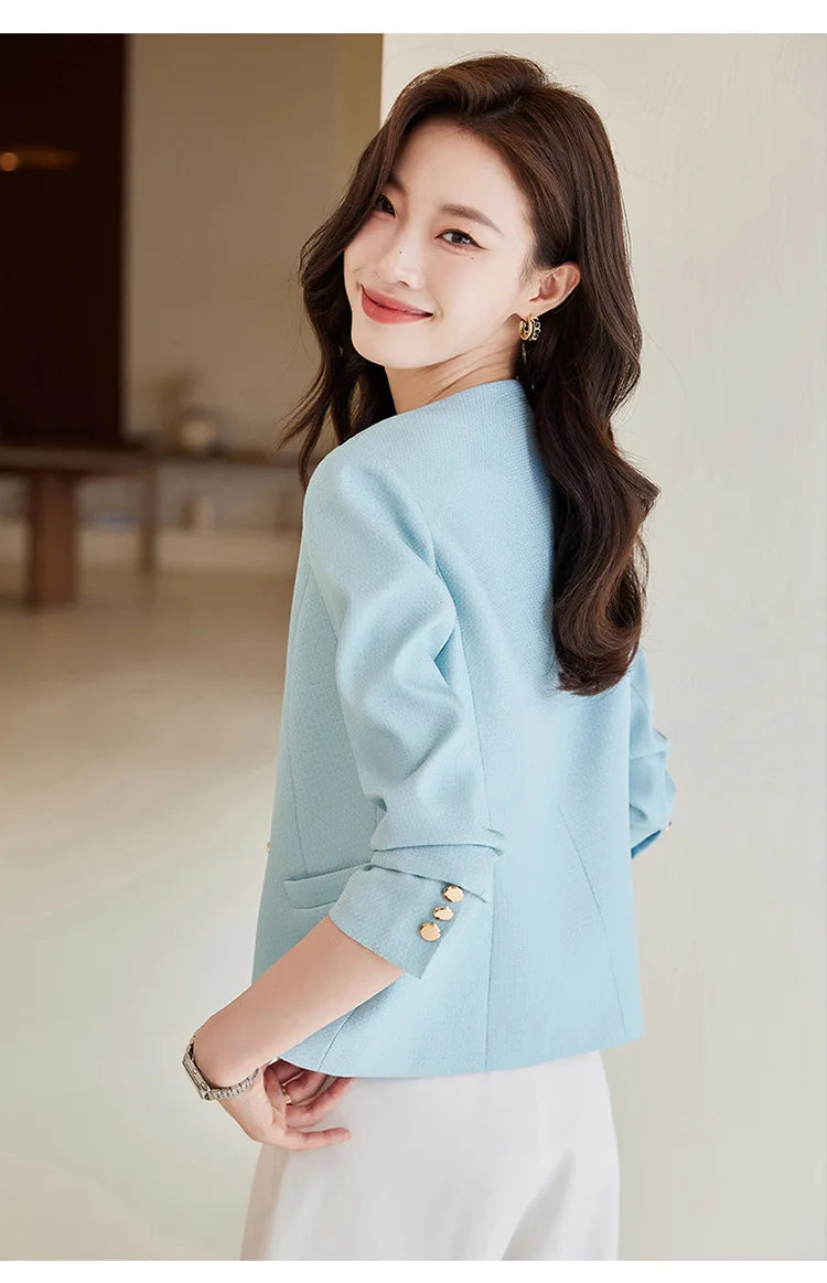 High quality blazer for women short jacket single breasted O neck spring autumn elegant office clothes pink yellow blue white