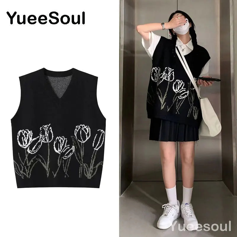 Sweet Kawaii Sweater Vest Printed Sleeveless Casual Outerwear Knitted Waistcoat 2023 Vintage Y2K Spring  E Girl Pullovers Tops