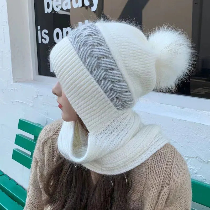 Woolen hat for women, versatile in autumn and winter, Korean version, trendy and warm knit hat with thick velvet and scarf, one-
