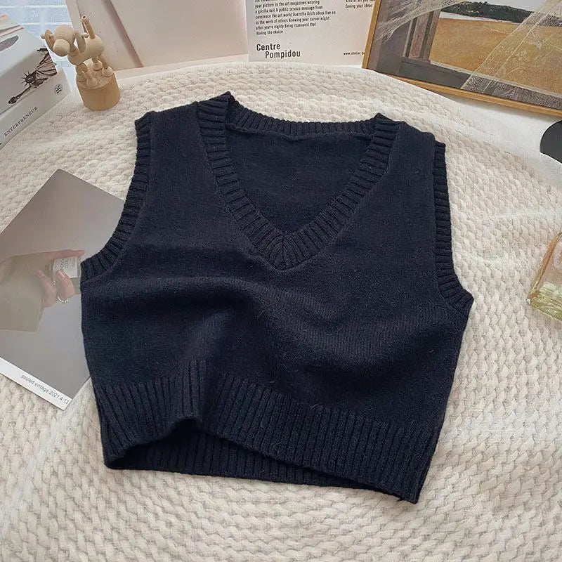 Sweater Vests Women Simple All-match Basic V-neck Casual Spring Vintage Knitting Fashion Ulzzang Ladies Temperament Classic Chic