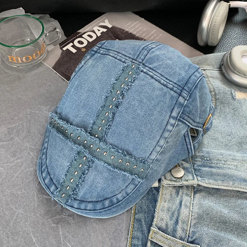 Women's Balck Hats Large Cap Retro Black Denim Riveted Washed Aged Beret American Hat Trend  Chapeau Vintage Hot Girl Y2k Hats