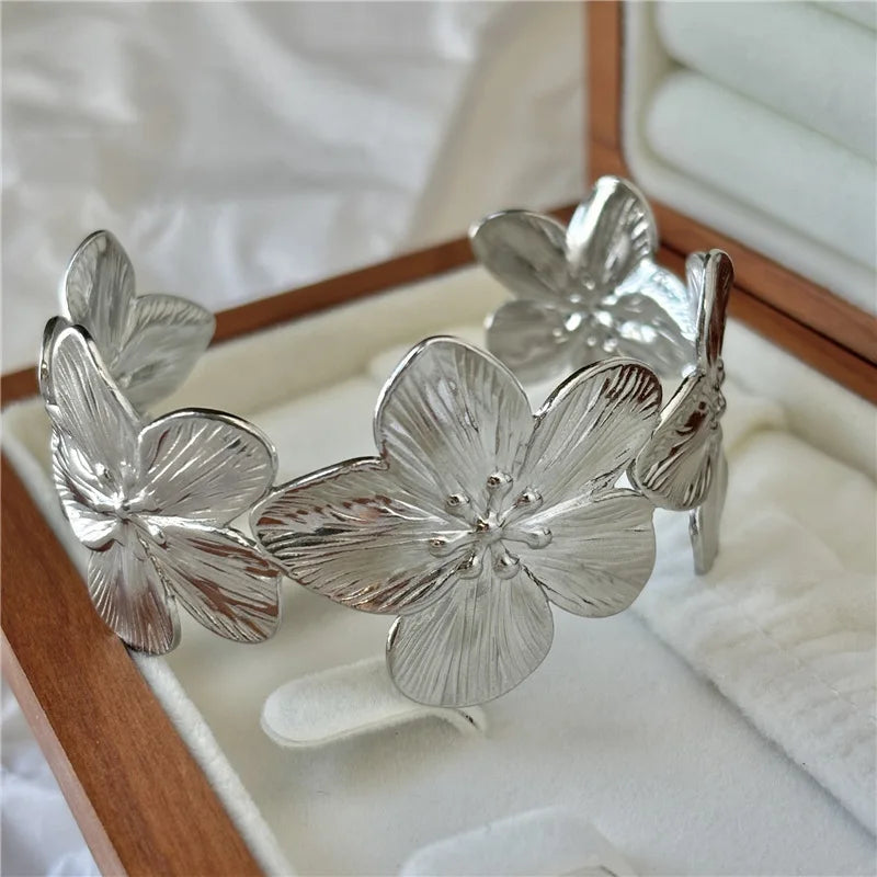 Bohemian Flower Bangles For Women Stainless Steel Wide Bracelet Chunky Flora Cuff Bangle Couple Jewelry Valentine's Day Gifts