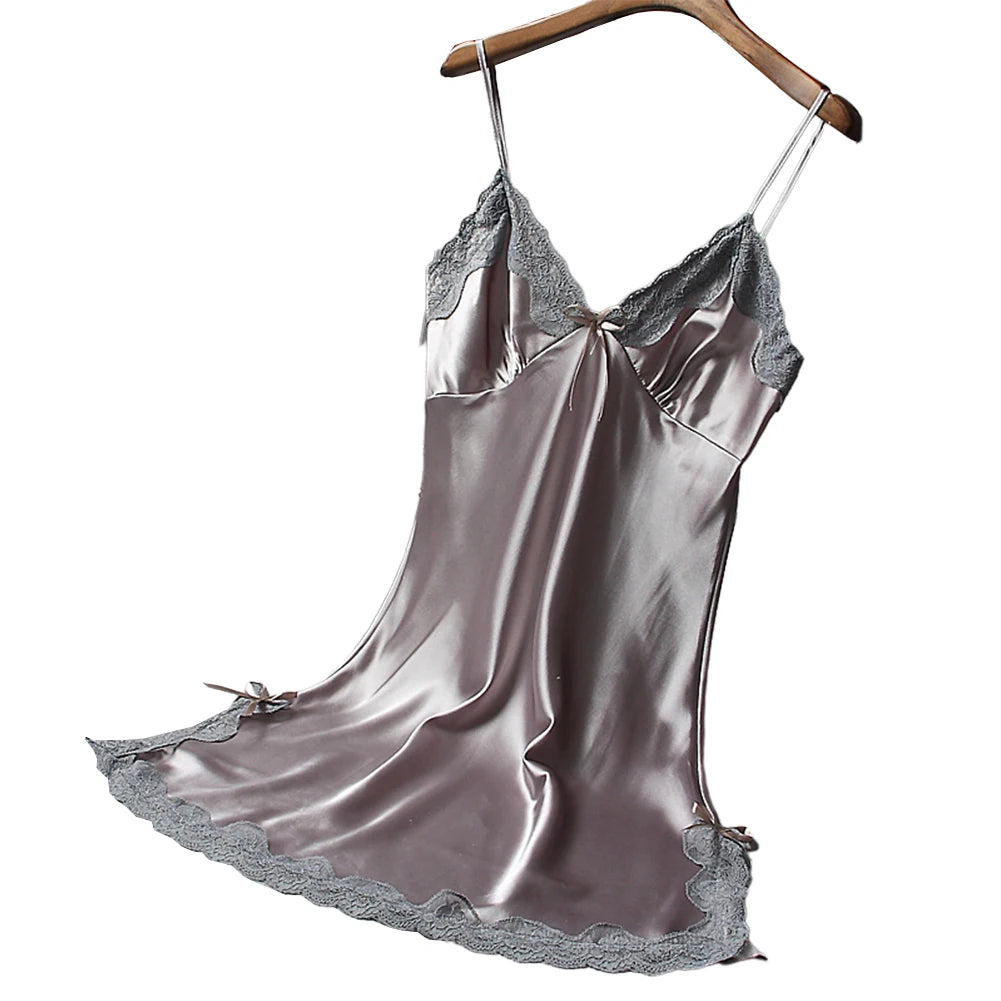Ladies Sexy Silk Satin Night Dress Nightgown Sleeveless Lace Lingerie Sleepwear Ladies Wrap Dress Robe Sleepwear