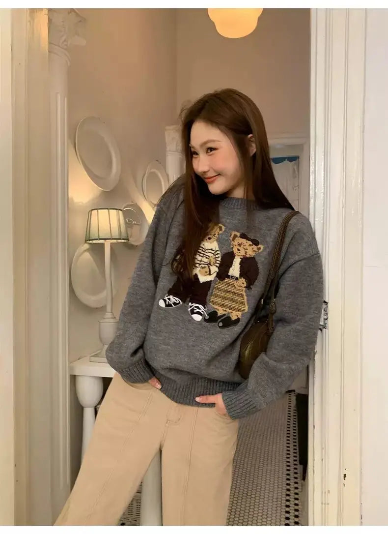 Sweater cartoon small bag core yarn needle retro women's  loose round neck knitted sweater new print black