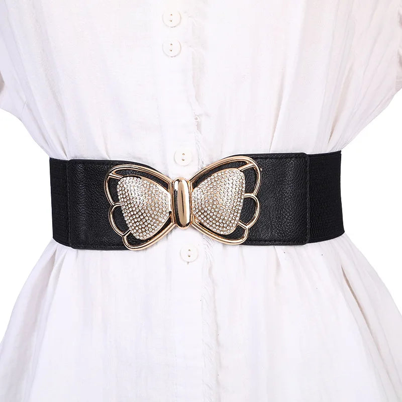 Beautiful Belts for Woman Beautiful Gold Color Metal Buckle 6cm Width Elastic Band Belt Versatile Tight Belts