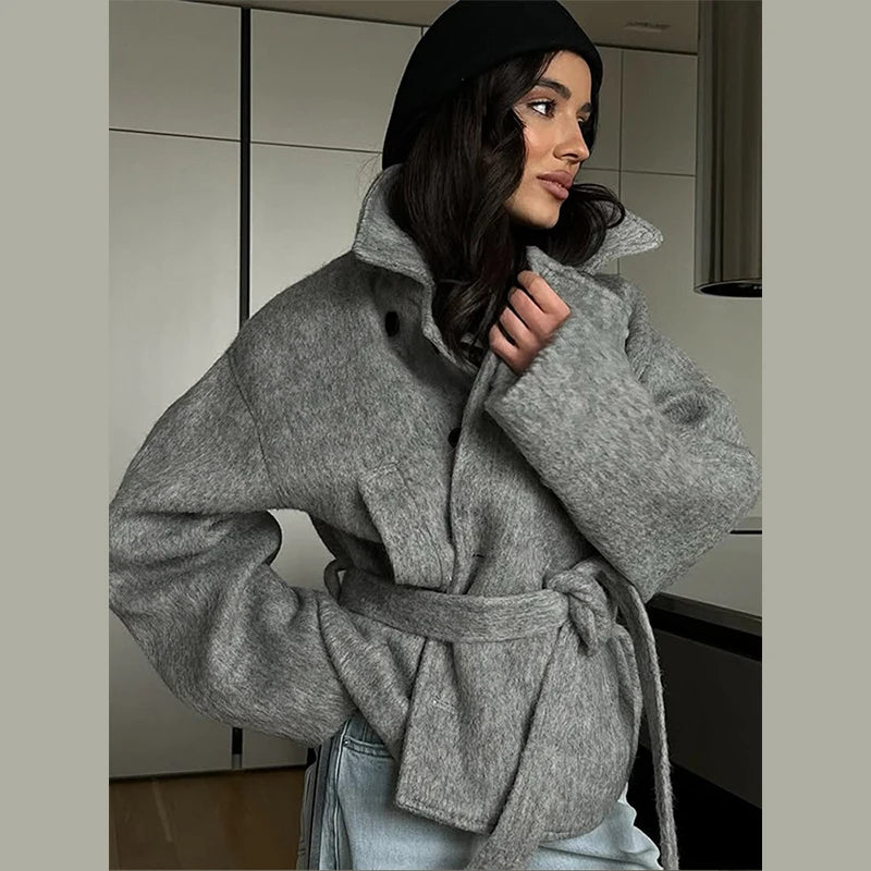Women's Coat Elegant Laple Woolen Lace Up Belt Pocket Thicken Full Sleeve Female OverCoat 2025 Autumn Winter New Lady Outwears