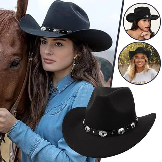 Felt Cowboy Hat for Women Men Rolled Wide Brim Cowboy Hats Western Hat with Buckle Belt Cowboy Cowgirl Hat