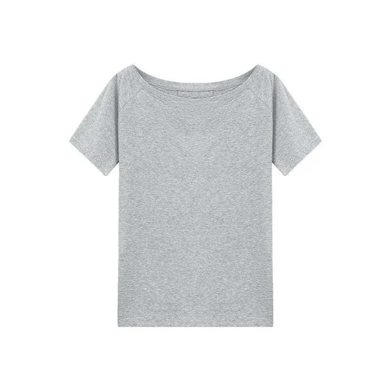 T-shirts Women Niche Design Off Shoulder Solid Short Sleeve Summer Chic Loose Casual Daily Simple Sexy Korean Trendy Street Tops
