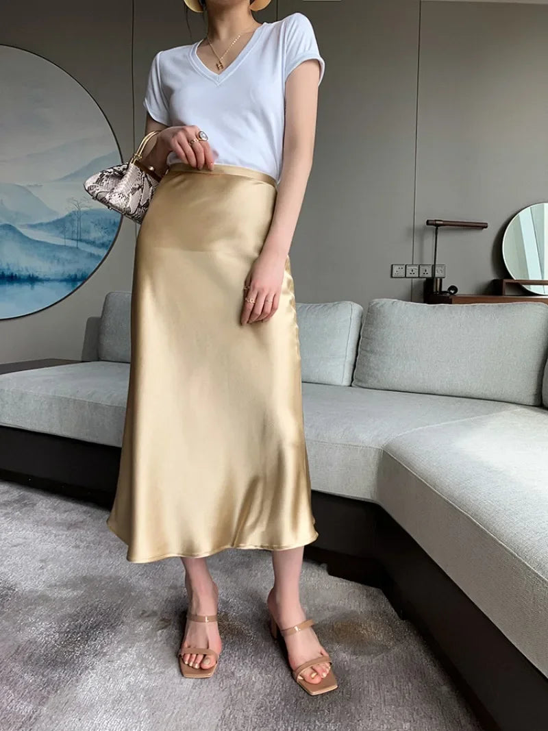 Elegant Skirts for Women Satin High Waisted 2025 New Slim Fit Long Skirt Fashion Temperament Simple Versatile Grey Black Skirts