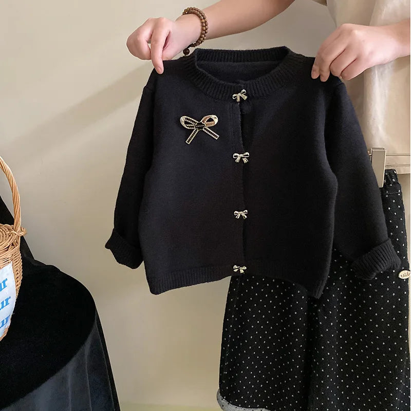 Sweaters Girl Academic Autumn Fashionable Bow Sweater Wave Point Trousers Girl Simple Loose Round Collar 2024 Striped