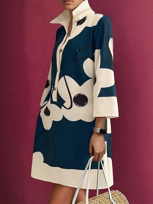 Women Floral Printed Elegant Evening Dresses  NEW Spring Long Sleeves Loose Urban H-line Lapel Shirts Mini Dress