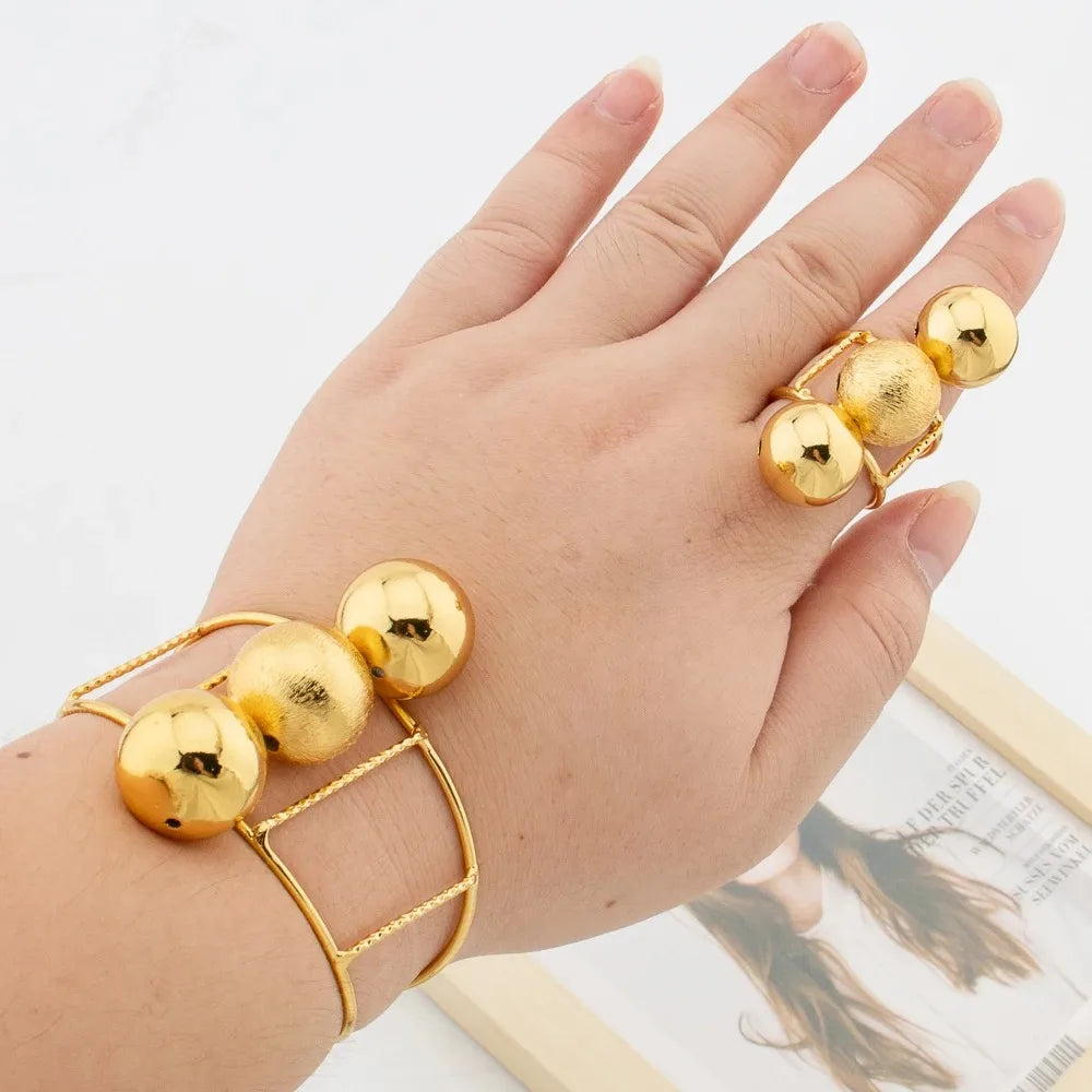 Stainless Steel Beads Bangle Rings for Women Gold Plated Geometric Ball Bead Open Ring Waterproof Aesthetic Punk Jewelry