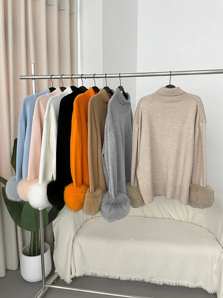 Sweater Women 2024 Autumn Winter Fashionable Sweaters with Real Fox Fur Sleeves Slim Fit Sweaters Fur Knitwear England Style