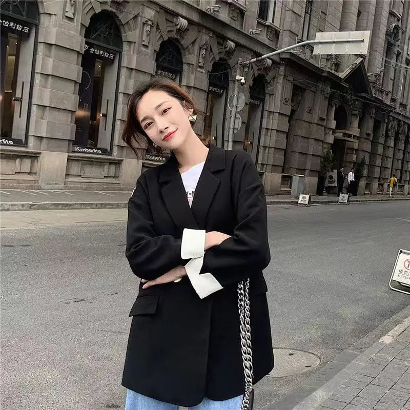 Long Blazers Woman Spring Casual Office Lady Lapel Double-breasted Slim-fit Elegant Solid Color Fashion Outerwear Minimalist