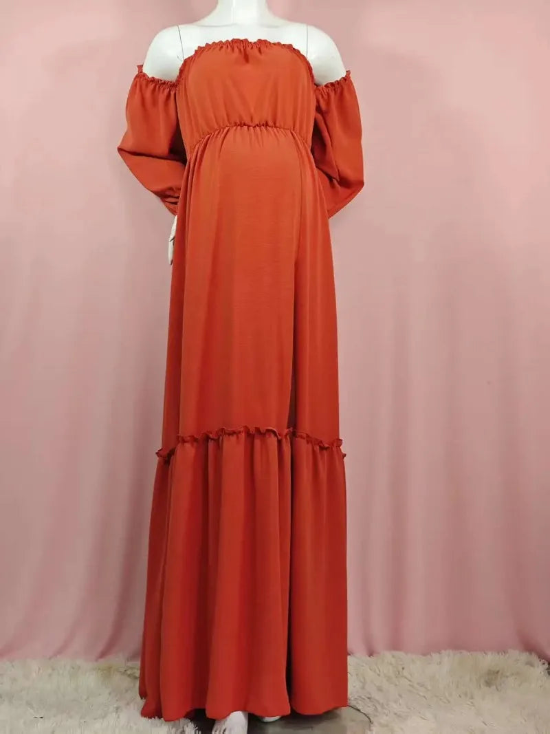 Maternity Photoshoot Dress - Sexy Off-Shoulder Gown Playful Puff Sleeves & Leg-Baring Slit Clothes for Pregnant Women Photograph