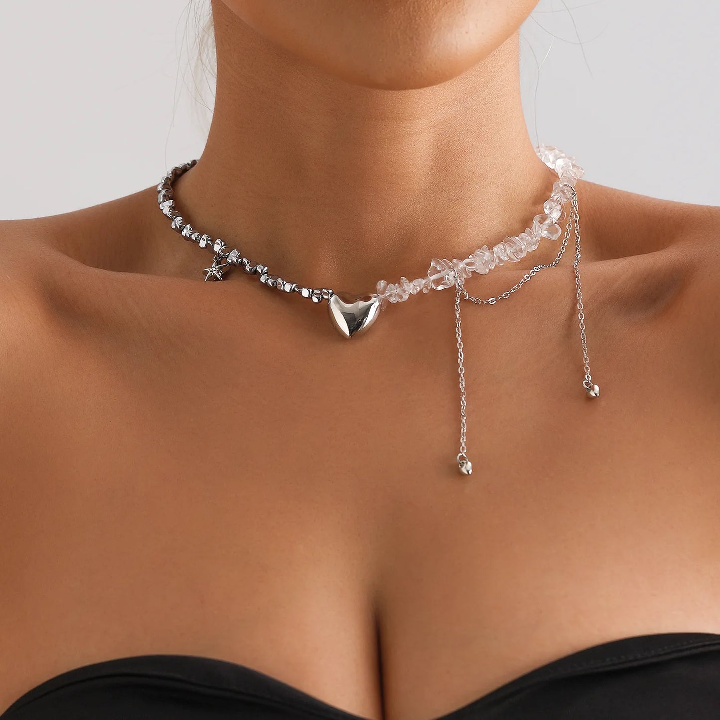 Y2K Heart Beaded Necklace Women Boho Irregular Crystal Class Gravel Clavicle Chain Cool Y2K Choker Exquisite Fashion Jewelry