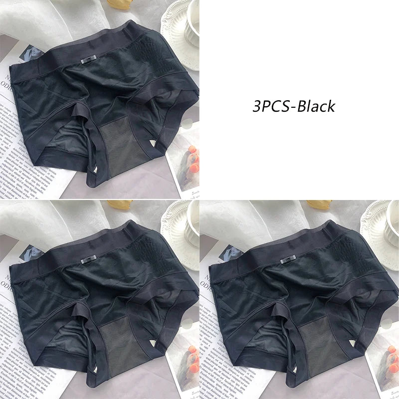 3PCS Women Seamless Panties Ice Silk Transparent Breathable Antibacterial Panty Mid-waist Briefs Cotton Underwear