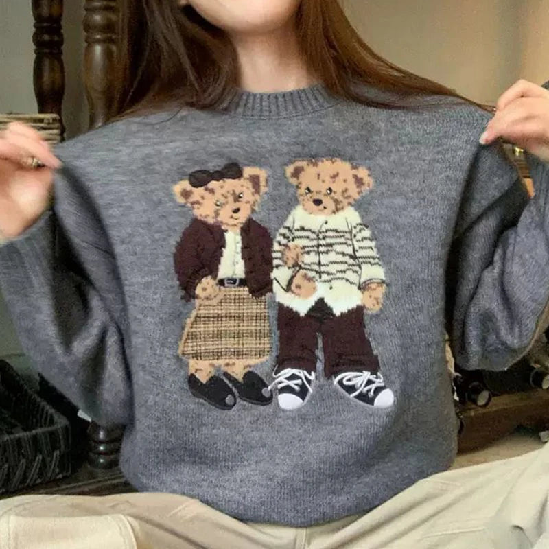 Sweater cartoon small bag core yarn needle retro women's  loose round neck knitted sweater new print black