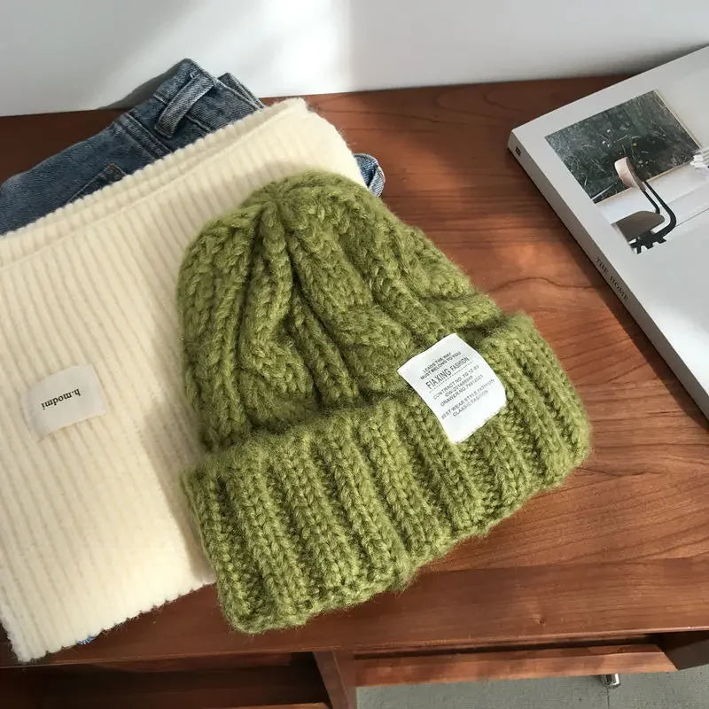 New Hat Women's Coarse Knitted Knitted Wool Hat Autumn and Winter Versatile Big Head Circumference Green Loose Ins Trendy F