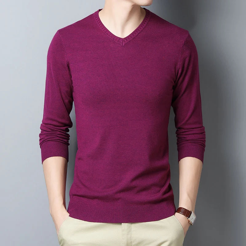 Sweater men's solid color sweater V-neck sweater thin design spring and autumn winter knitted base sweater