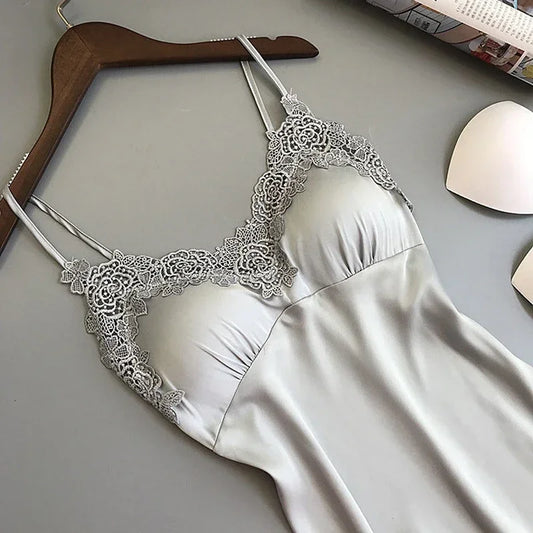 Ladies Sexy Silk Satin Night Dress Sleeveless Nighties V-neck Nightgown Nightdress Lace Sleepwear Nightwear for Women Sleep Tops