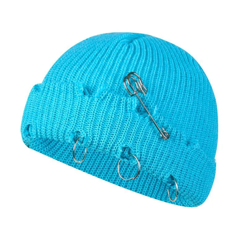 Hat for Women Autumn and Winter Ring Pin Street Hip-Hop Woolen Hats with Holes Edging Knit Cap Men's Trendy Cold-proof Beanies